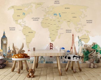 map patterned wallpaper - Wallpaper 3D Poster - Artistic- Living Room - Lounge - office-kids room - Peel and Paste - Removable After Pasting