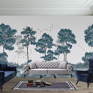 May include: A contemporary living room with a mural depicting trees in blue and grey tones. The room is furnished with a navy blue sofa, a grey tufted sofa, and a navy blue armchair. A dark rug and books are also present.