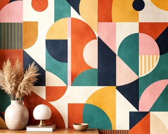 Mid Century Modern Geometric Wallpaper, Colorful Abstract Wall Mural (Peel and Stick)