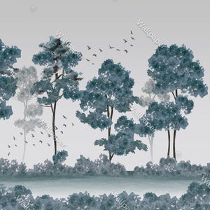 May include: A tranquil wallpaper design depicting stylized trees in teal and grey, with a flock of birds in flight. The trees are arranged horizontally, creating a peaceful forest scene. The overall aesthetic is soft and calming, suitable for a bedroom.