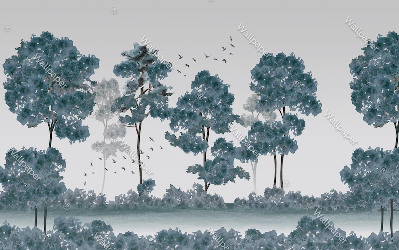 May include: A tranquil wallpaper design depicting stylized trees in teal and grey, with a flock of birds in flight. The trees are arranged horizontally, creating a peaceful forest scene. The overall aesthetic is soft and calming, suitable for a bedroom.