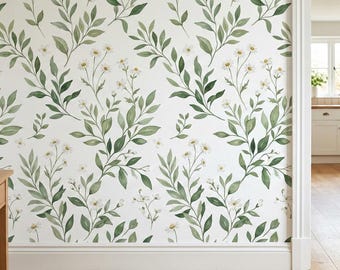 Watercolor Botanical Leaf Wallpaper, Soft Green Daisy Floral Print, Removable Self-Adhesive Wall Covering