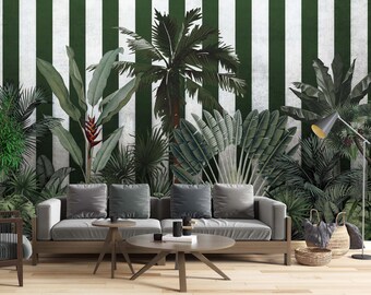 Green Striped Tropical Plant Wallpaper - Simple Classic - Artistic -Living Room- Kids room -Kitchen -Peel and Paste -Removable After Pasting