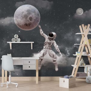Carta da parati con astronauta con motivo spaziale - motivo lunare - Semplice classico - Artistico - Soggiorno - Camera per bambini - Staccabile - Rimovibile dopo l'incollaggio