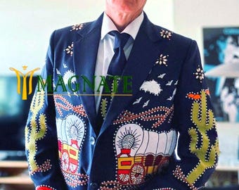 Men's Blue Western Wedding Suit Embroidered Rhinestone 2-Piece Ranch Outfit