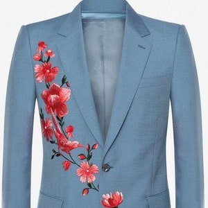 Men&#39;s Blue Bespoke Blazer Floral Embroidered Wedding Groom&#39;s Outfits Groomsmen Outfits Cowboy Wedding Blazer for Men Cocktail Attire
