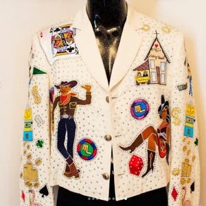 Men Ivory Bespoke Jacket Circus Embroidered Rhinestone Western Wedding Groom Outfit Men Western Country Western Suit Jacket Cocktail Attire