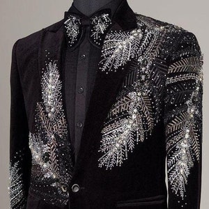 Men&#39;s Custom Black Blazer Outfit Embellished Wedding Groom Blazer Groomsmen Jacket Cocktail Attire Gift for Him Party Blazer Outfit for Men