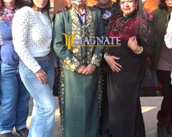 Women Custom Green Mariachi Suit: Golden Floral Embroidery 3 Piece Skirt Set