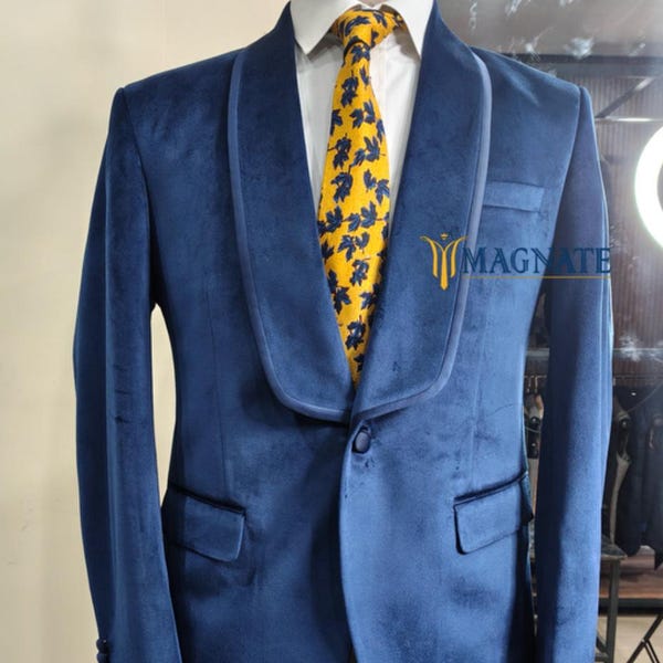 Abito da uomo in velluto blu, 2 pezzi, con revers a scialle, abito da cocktail formale