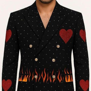 Men Black Bespoke 2 Piece Suits Hearts on Fire Embroidered Rhinestones Country Western Suits Cocktail Attire Prom Outfits Halloween Outfits