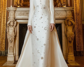 Women Ivory Satin Dress Customized Crystal Embellished Wedding Dress Bridal Attire Cocktail Attire