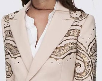 Traje beige de 2 piezas para mujer con bordado de diamantes de imitación para novia y dama de honor.