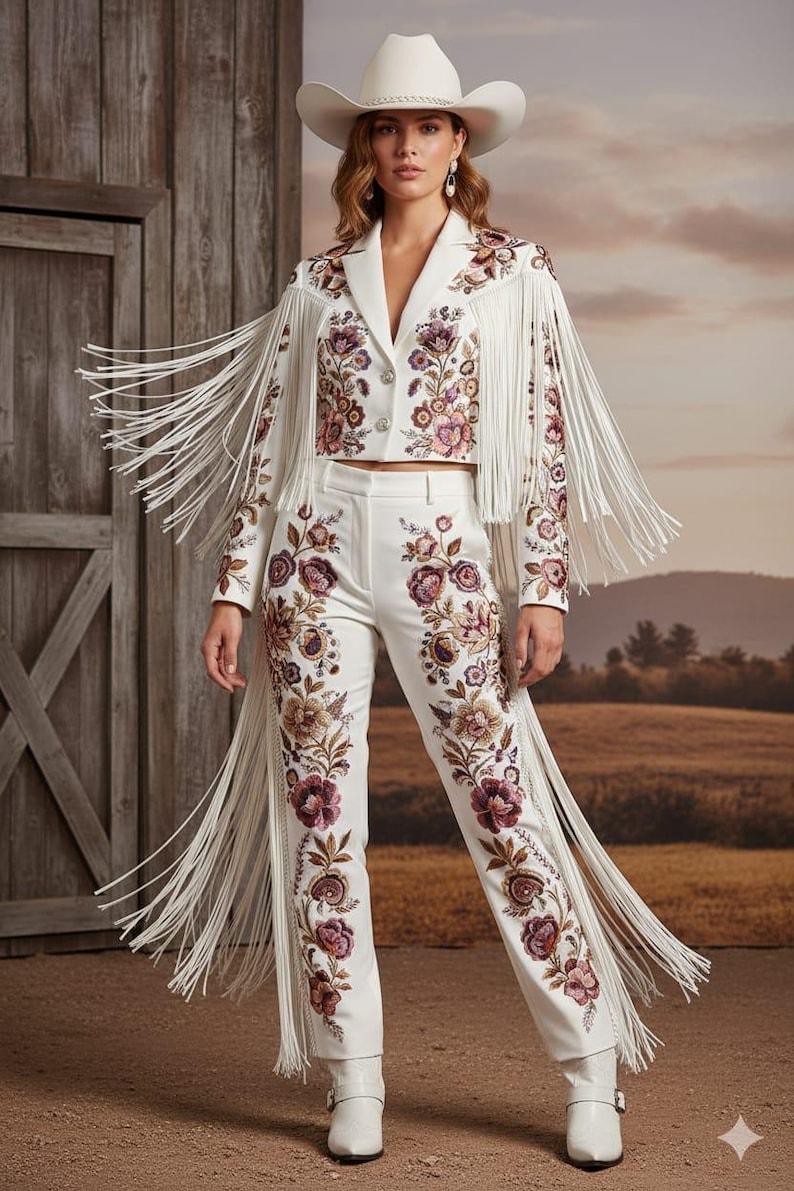 Made to Order Ivory 2PC Suit Floral Embroidered Fringed Wedding Suit Bridal Pantsuit Outfit Cowgirl Rodeo Suit