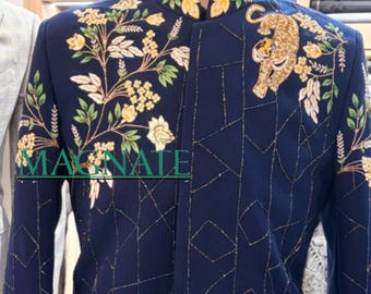 Men Blue Customized Jacket Floral Tiger Embroidered Bead Embellished Allover Groom's Attire