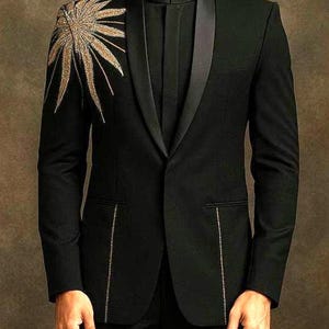 Męski czarny garnitur szyty na miarę, dwuczęściowy – zdobiony garnitur ślubny dla pana młodego i drużbów, stroje na koktajl i bal