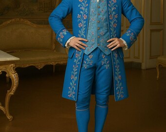 Herren Blau Rokoko Geschichtsanzug 3-teilig: Benutzerdefinierte Floral gestickte viktorianische Kostüm Karneval Outfits