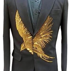 Men&#39;s Bespoke Black Blazer Eagle Embellished Wedding Blazer Cocktail Attire Groom&#39;s Wedding Outfit for Groom & Groomsmen Black Blazer Outfit