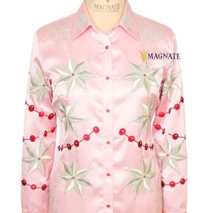 Roze damesshirt: aangepast met sneeuwvlok verfraaid westernshirt kerstcocktailkleding Cadeau voor haar