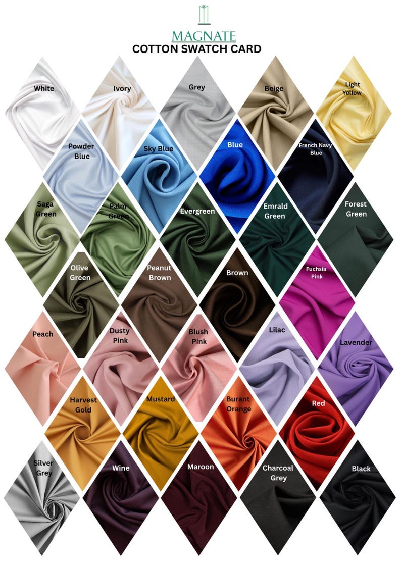 May include: A cotton swatch card from Magnate, featuring a variety of fabric colors. The card displays samples in shades like white, ivory, grey, blue, green, pink, and gold. Each swatch is labeled with its color name, offering a comprehensive color palette.