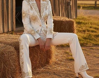 Traje de novia de 2 piezas personalizado para mujer, color marfil, bordado dorado, traje de pantalón para boda, atuendo de cóctel, estilo bohemio.