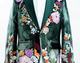 Traje de dos piezas personalizado de terciopelo verde para hombre, bordado floral, traje de boda, traje de cóctel para novio