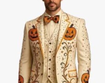 Men Ivory 3 Piece Pumpkin Embroidered Western Suit Groom Cowboy Party Outfit