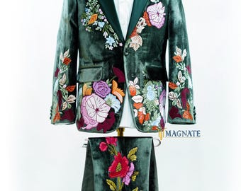 Men Green Customized 2Pc Suits Floral Embroidered Velvet Wedding Suits Grooms Tuxedo Suit Cocktail Attire 2 Piece Western Suits for Men Suit