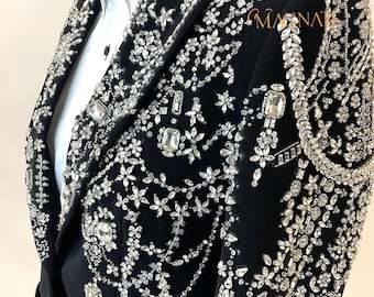 Women Custom Black Blazer Crystal Embellished Groom Wedding Outfits