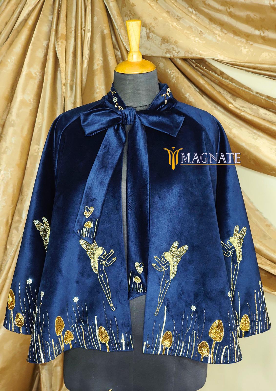 Women Blue Velvet Custom Gold Embroidered Capes Wedding Historical & Mardi Gras Outfit