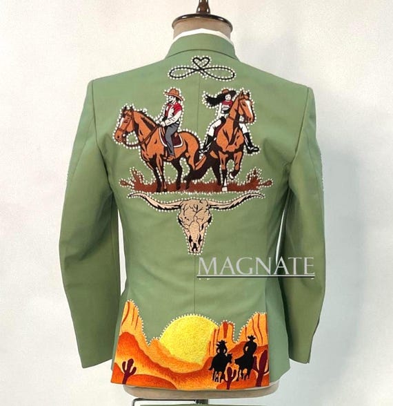 Men Palm Green 2Pc Western Suit – Embroidered Vintage Cowboy Country Western Wedding Attire