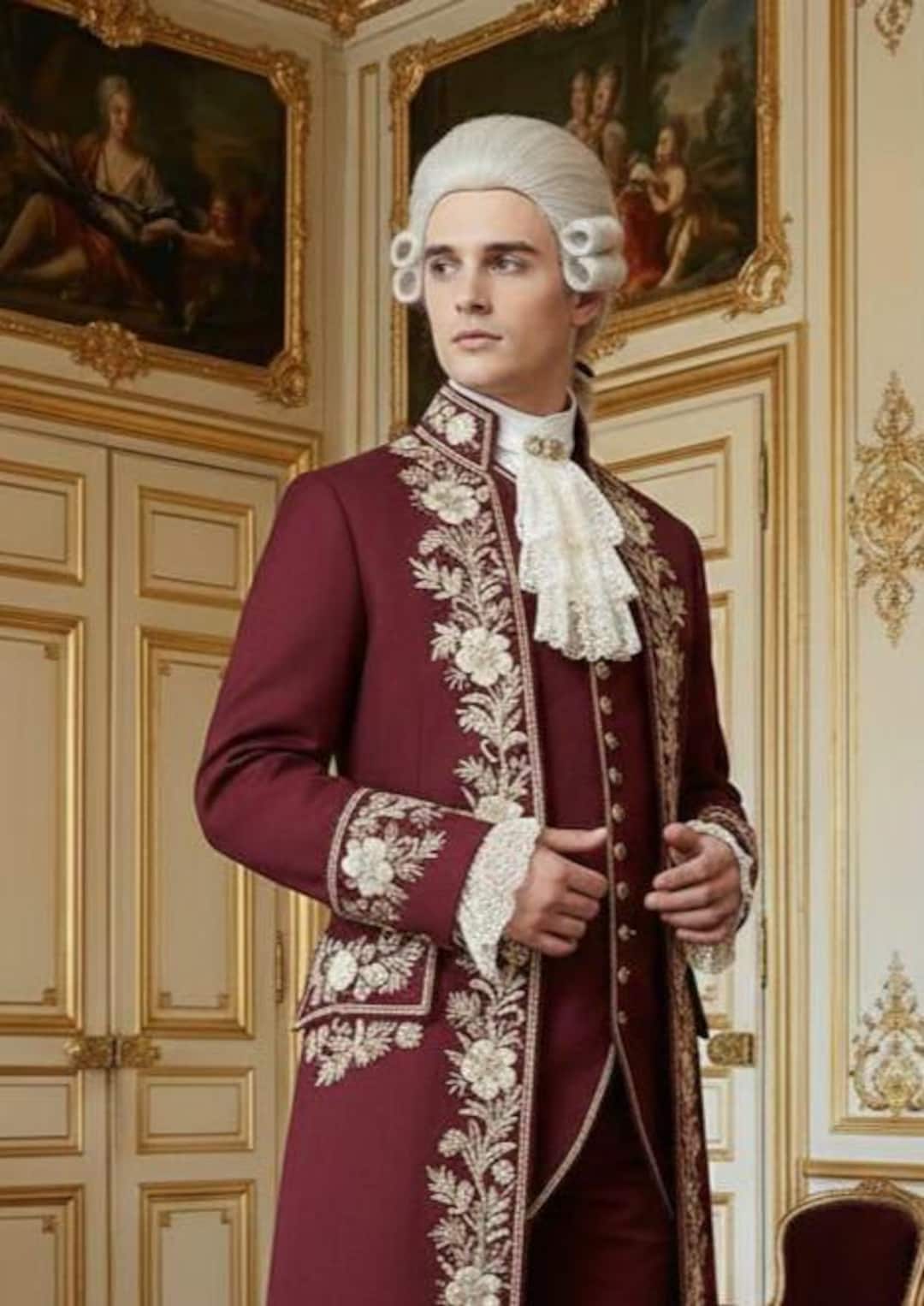 Men Maroon Rococo 3-piece Embroidered Victorian Costume Historical Suit ...