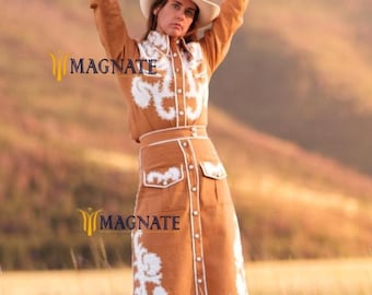 Women Brown Linen Floral Embroidered Linen Skirt Suit Western Cowgirl Outfits