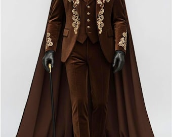 Men Brown Velvet 4 Pc Cape Suit: Gold Embroidered Cape Vintage Wedding Groom Outfit