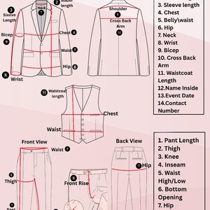 May include: Diagram illustrating suit measurements, including blazer length, sleeve length, chest, waist, and hip. The diagram also shows measurements for pants, such as pant length, thigh, knee, and inseam. The "MAGNATE" logo is at the top.