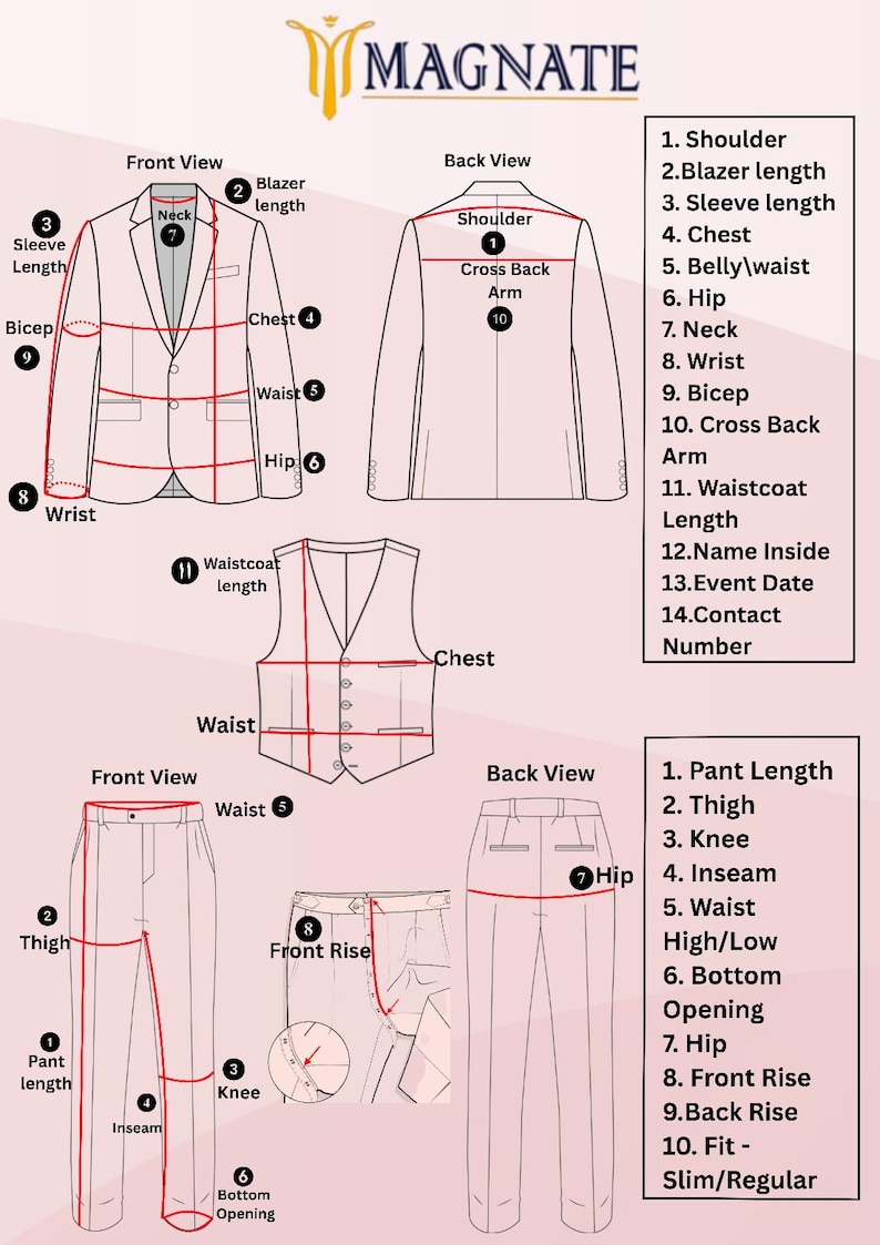 May include: Diagram illustrating suit measurements, including blazer length, sleeve length, chest, waist, and hip. The diagram also shows measurements for pants, such as pant length, thigh, knee, and inseam. The "MAGNATE" logo is at the top.