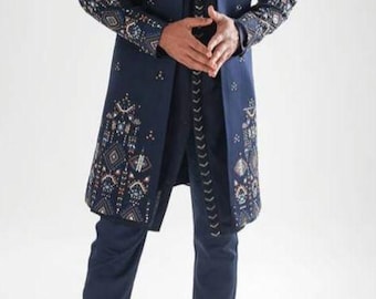 Men Blue Jodhpur 2-Pc Multi-Color Embroidered Indo-Western Groom Wedding Suit