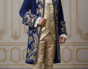 Herren Blau Individuelle 3-teilige Rokoko-Geschichtsanzug 18.Jahrhundert bestickte Vintage-Maskerade-Outfits