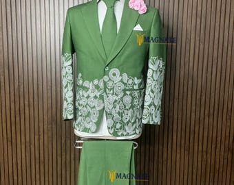 Men Bespoke Green Western 2 Piece Floral Embroidered Wedding Groom Suit Beach Cocktail Attire
