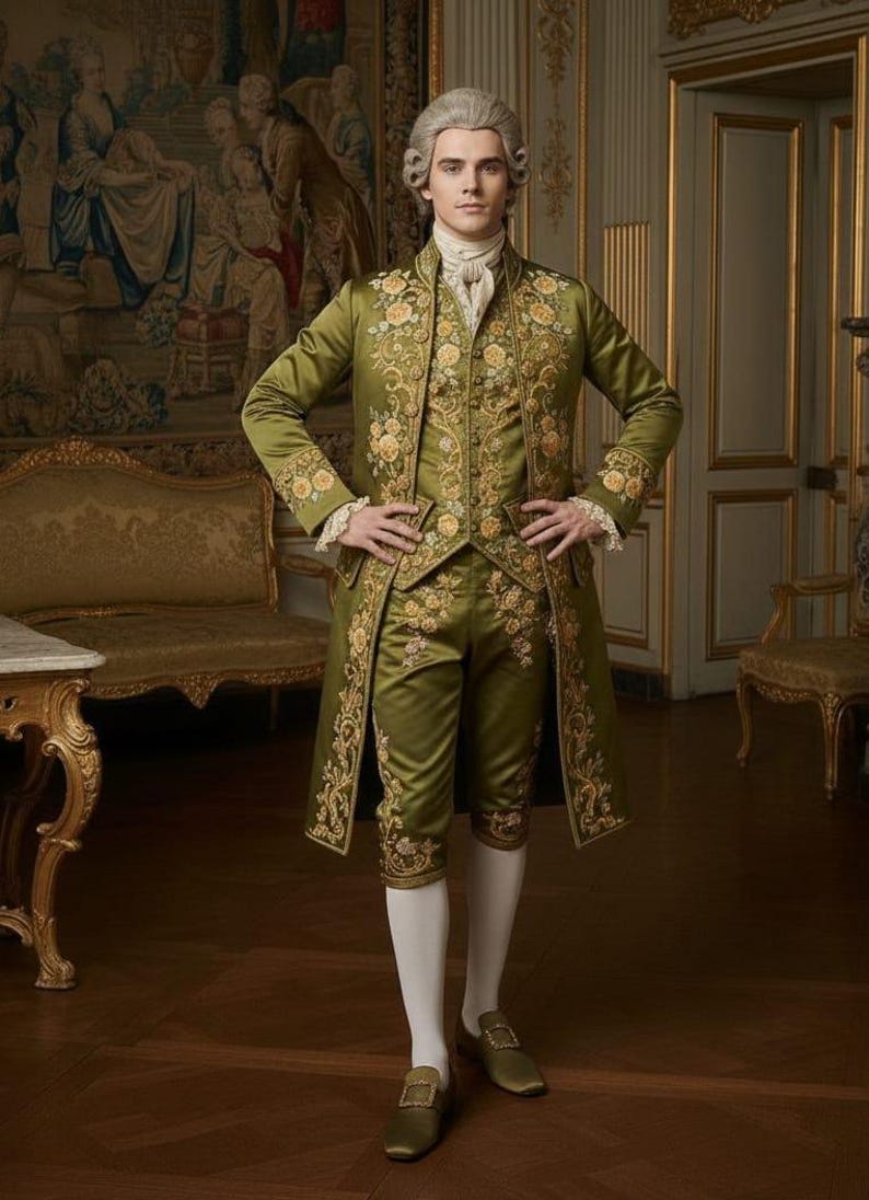 Whimsical Rococo Men Men’s 4-piece Rococo Suit Green Satin Embroidered Historical Costume ...
