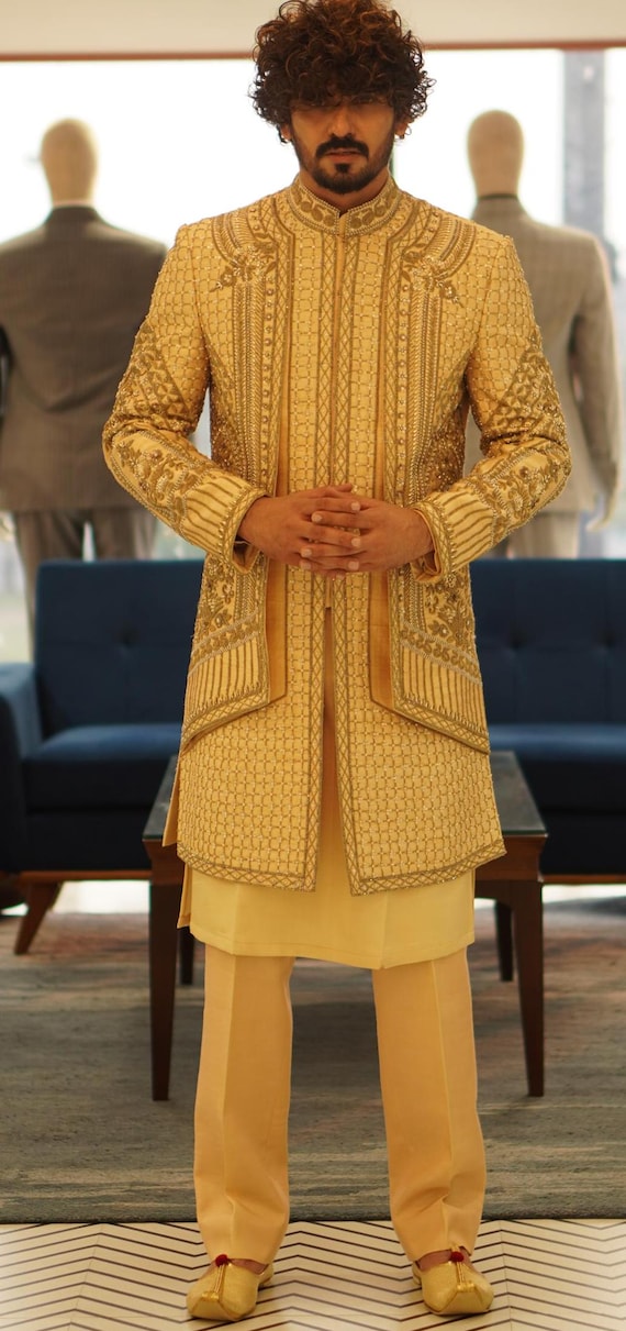 Men’s Custom 3PC Sherwani Suit – Gold Embroidered Indo Western Groom Outfit – Jodhpuri Wedding Suits