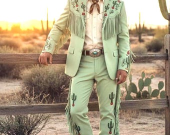 Men's Bespoke Green 2 Piece Cactus Embroidered Fringed Country Wedding Suit Cowboy Groom Attire