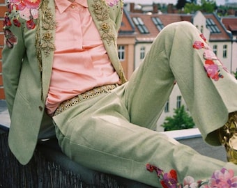 Männer Palmengrün Angepasste Blumen gestickte Western-Klage-Set Cowboy-Hochzeitskleidung