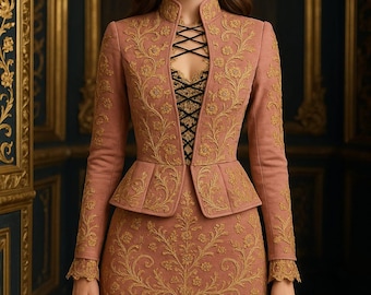 Traje de falda blazer bordada en beige melocotón para mujer/Traje de novia victoriano para boda