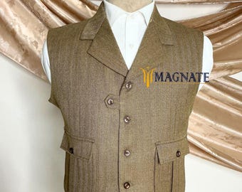 Männer Beige Kundenspezifische Herringbone Weste Jacke Taschen Westen für Bräutigam