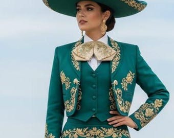 Women Custom Green Mariachi 3Pc Embroidered Mexican Bridal Charo Suits