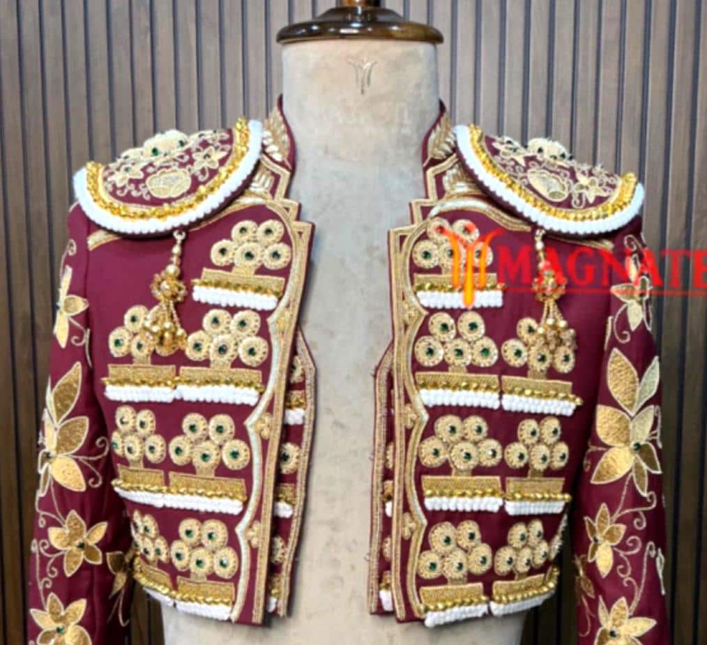 Men Maroon Customized Matador Suit 3PC Gold Embroidered Bullfighting…
