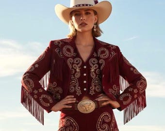Trajes de rodeo de vaquera con flecos bordados florales estilo country western de 3 piezas para mujer, color vino