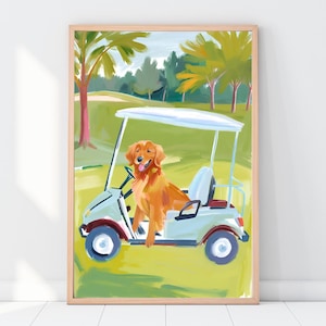 Red Golden Retriever-kunst, preppy hondenprint, hondengolfkar, golfbaankunstwerk, badkamerhondkunst, Grand Millennial-print, decor kinderkamer blauw