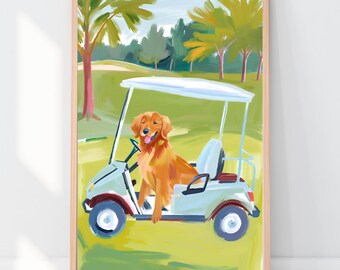 Red Golden Retriever Art, Preppy Dog Print, Dog Golf Cart, Golf Course Artwork, Bathroom Dog Art, Grand Millennial Print, Nursery Decor Blue